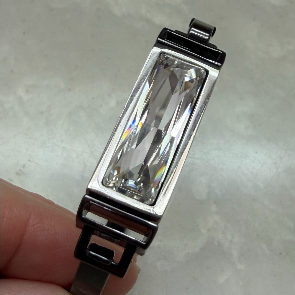 Vintage Dark Grey Black Gun Metal Hook Bracelet Large Rectangle Quartz Crystal